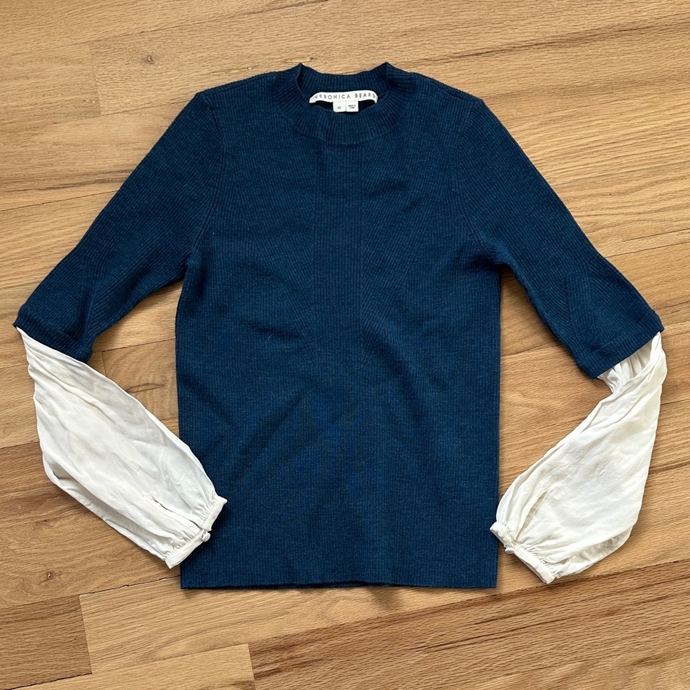 Veronica Beard mixed fabric top/ blue wool crewneck sweater & silk sleeves sz XS